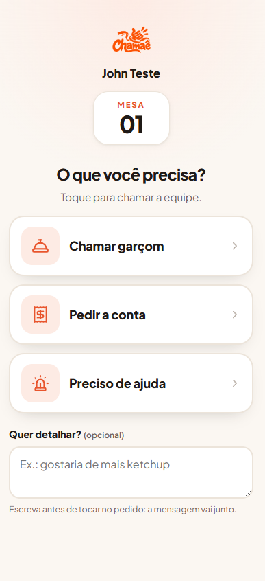 Chamaê - Página da mesa para o cliente